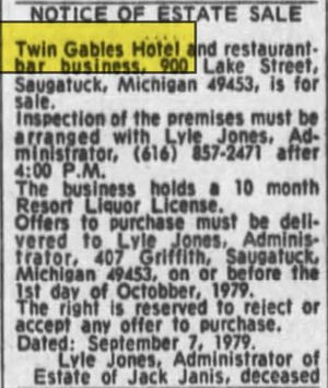 Hotel Saugatuck (Twin Gables Hotel) - Sept 1979 Estate Sale